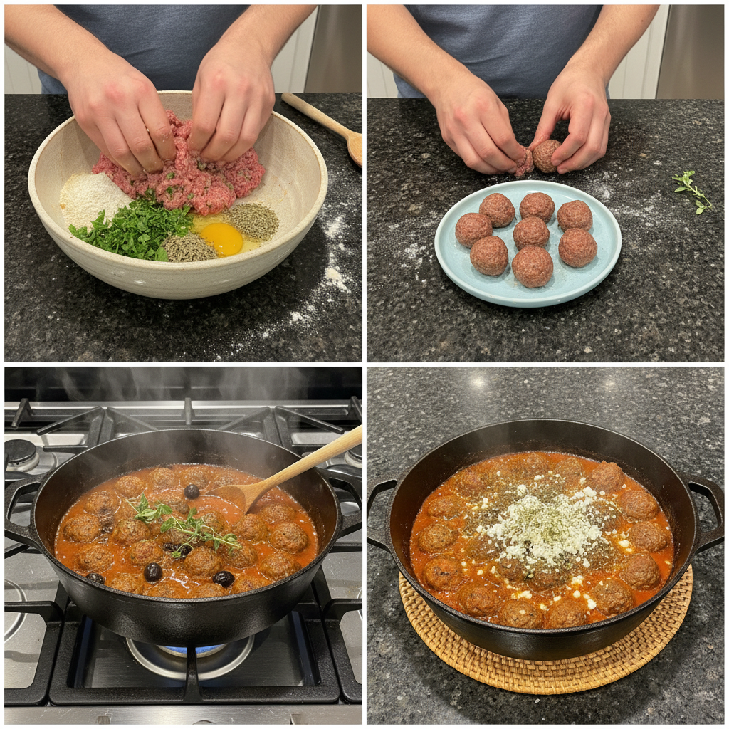 one-pot-greek-meatballs-preparation Hands stirring One-Pot Greek Meatballs and pasta in a large pot, midway through the cooking process.