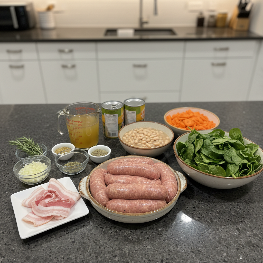 one-pot-italian-sausage-white-bean-soup-ingredients Fresh ingredients for One-Pot Italian Sausage and White Bean Soup, including sausage, beans, and vegetables.
