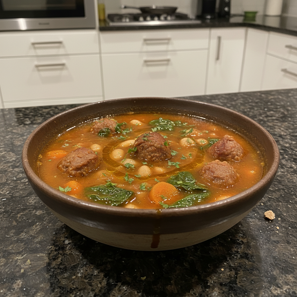A hearty bowl of One-Pot Italian Sausage and White Bean Soup, garnished with fresh parsley.