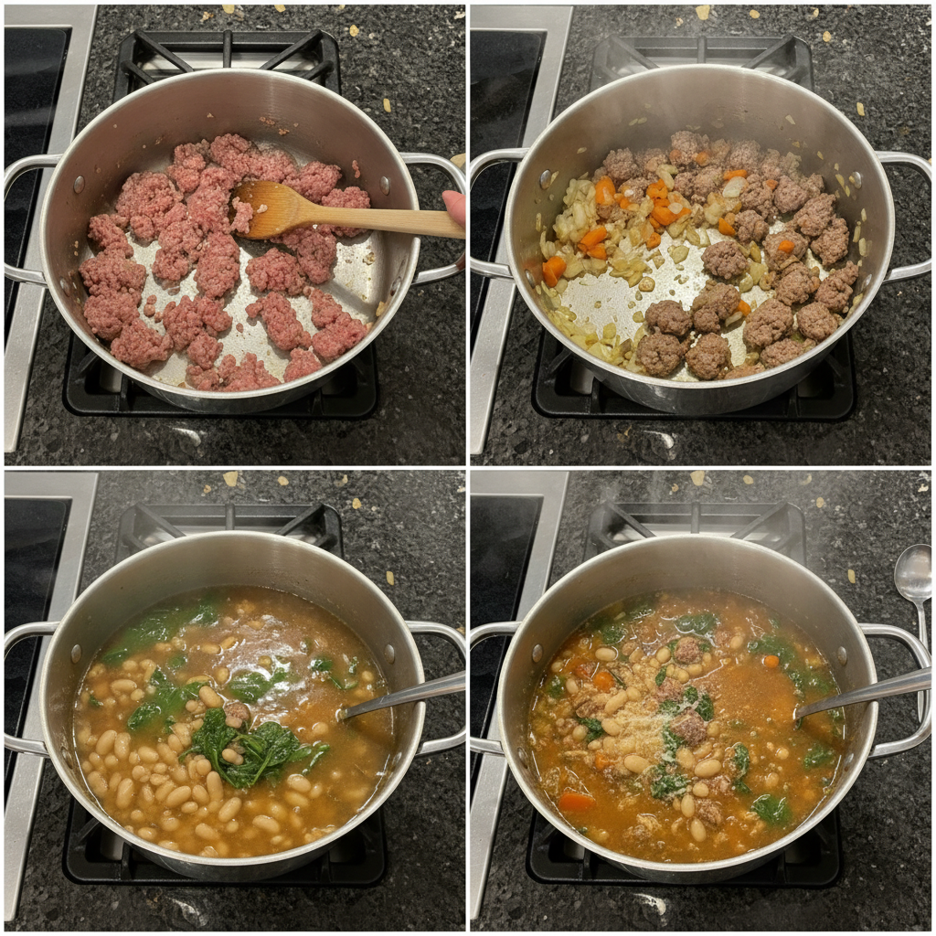 one-pot-italian-sausage-white-bean-soup-prep-step Italian sausage and vegetables simmering in a large pot for One-Pot Italian Sausage and White Bean Soup.