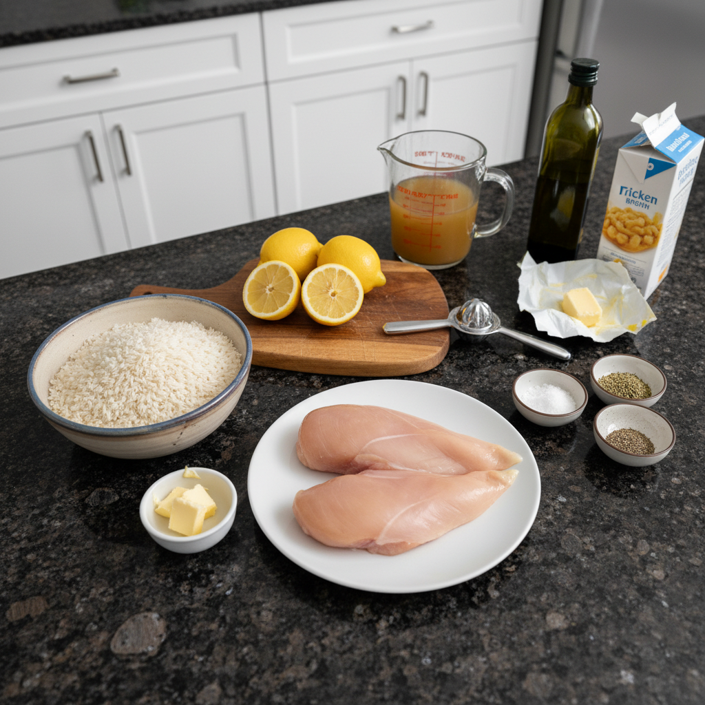 one-pot-lemon-chicken-ingredients Fresh ingredients for One-Pot Lemon Chicken, including raw chicken thighs, lemons, herbs, and various vegetables.