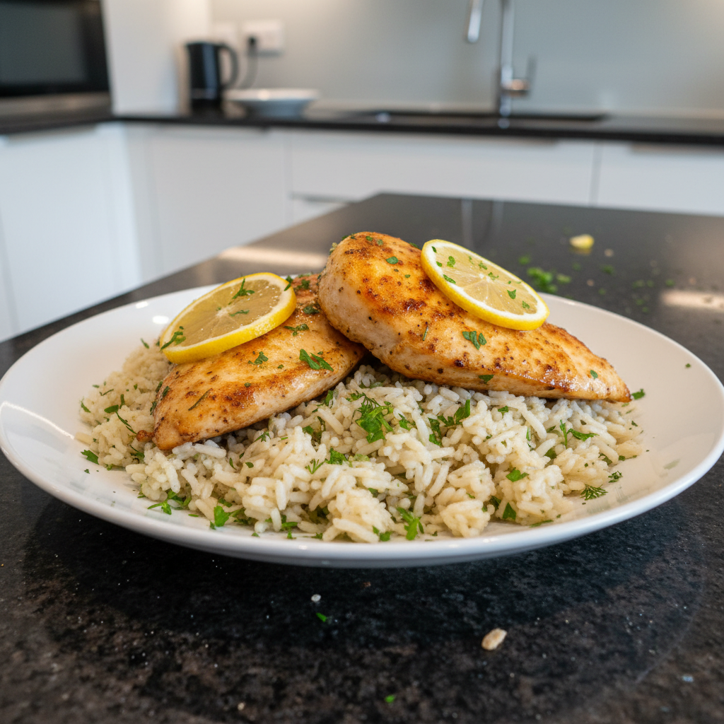 A flavorful One-Pot Lemon Chicken dish, garnished with fresh parsley and lemon slices, ready to serve.
