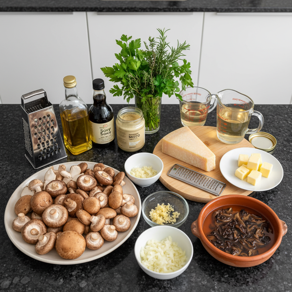 one-pot-mushroom-risotto-ingredients Fresh cremini mushrooms, arborio rice, and herbs laid out for One-Pot Mushroom Risotto preparation.