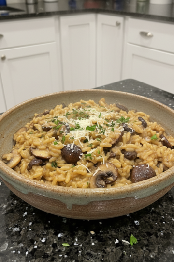 Creamy One-Pot Mushroom Risotto served in a rustic bowl, garnished with fresh parsley.