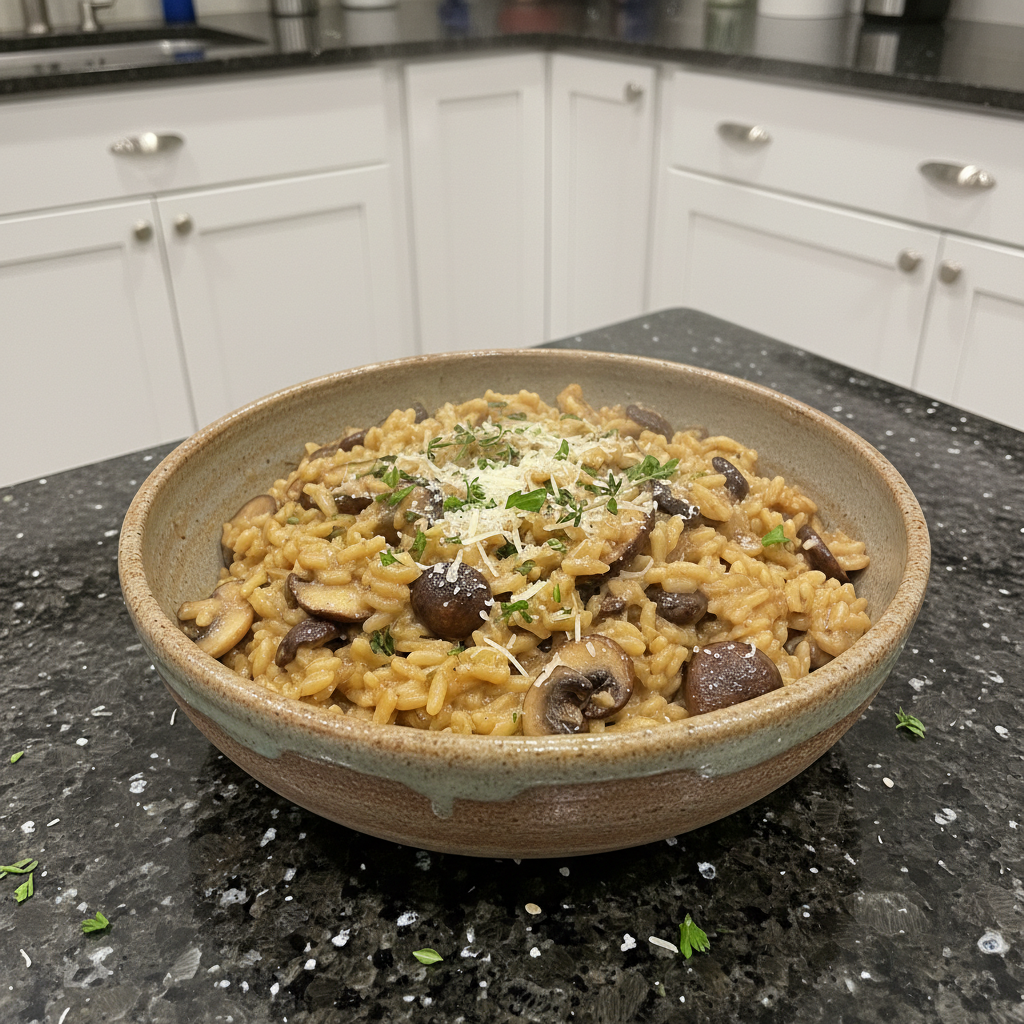 Creamy One-Pot Mushroom Risotto served in a rustic bowl, garnished with fresh parsley.