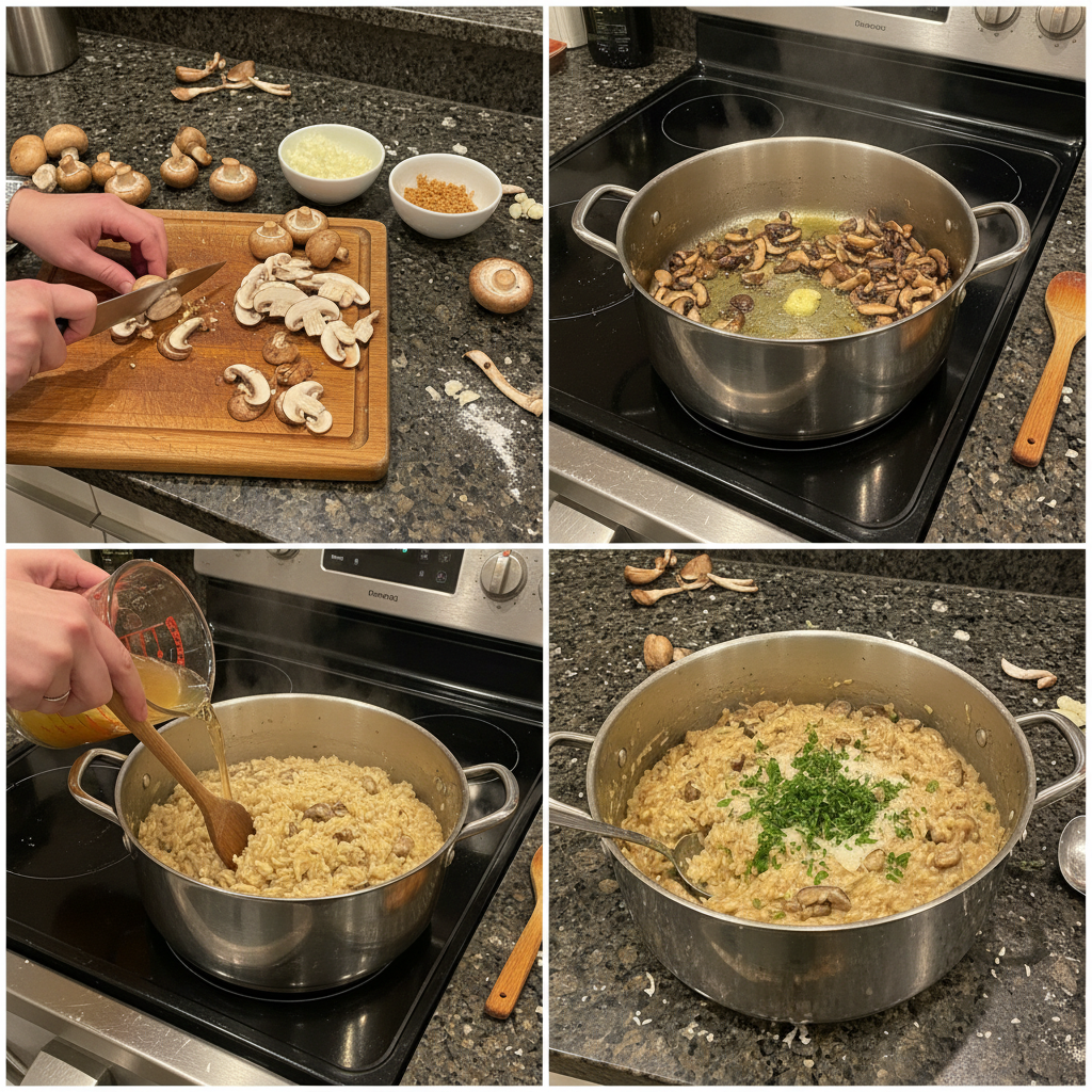 one-pot-mushroom-risotto-prep-step Sautéing mushrooms and aromatics in a large pot, an early step for One-Pot Mushroom Risotto.