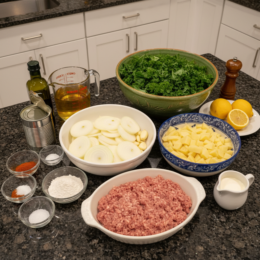 one-pot-sausage-kale-soup-ingredients Fresh ingredients for One-Pot Sausage and Kale Soup, including Italian sausage, kale, potatoes, and garlic, laid out on a cutting board.