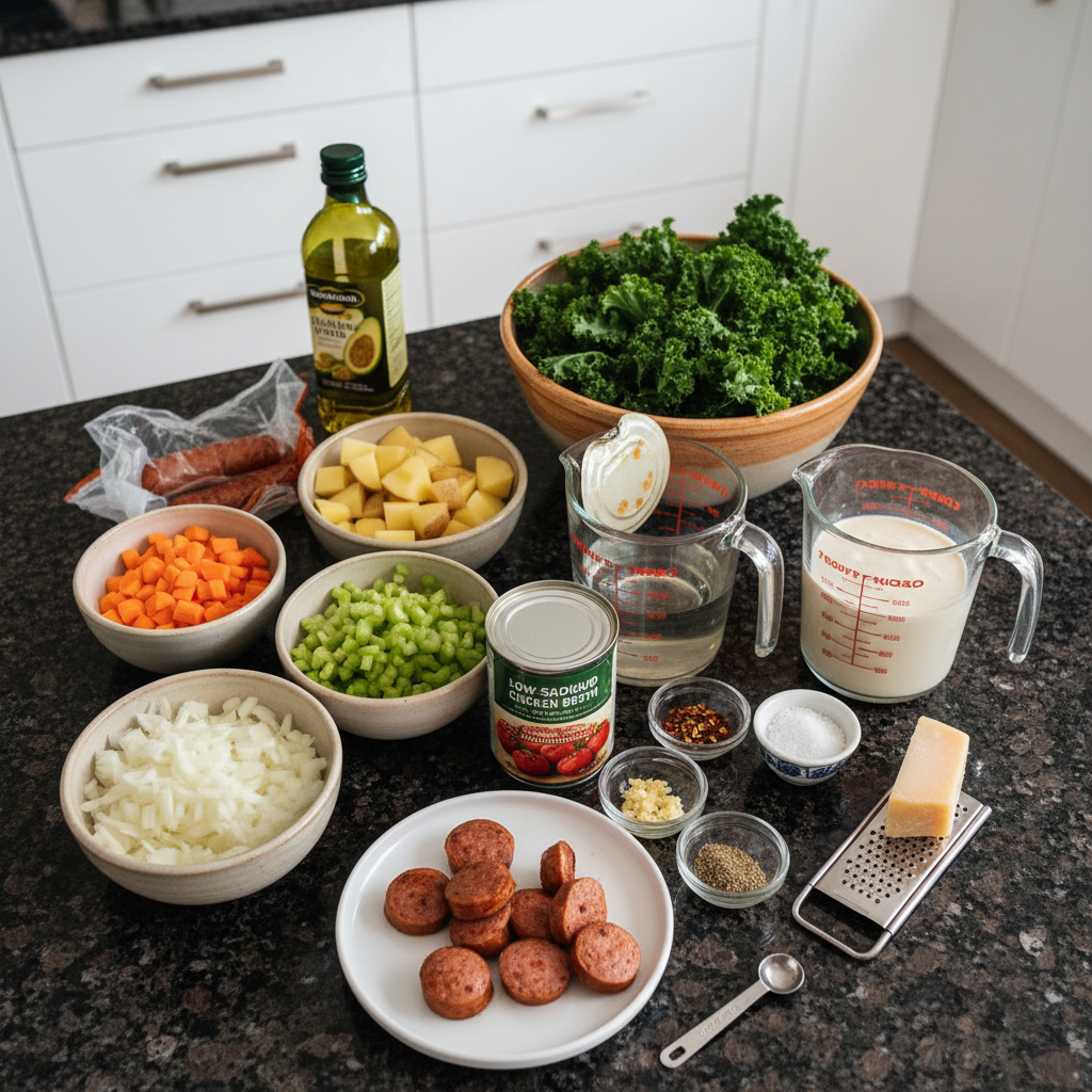 one-pot-sausage-kale-soup-ingredients Fresh ingredients for one-pot sausage & kale soup laid out on a wooden board, including sausage, kale, and vegetables.