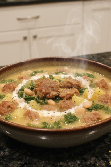 A hearty bowl of One-Pot Sausage and Kale Soup, garnished with fresh parsley, ready to be enjoyed.