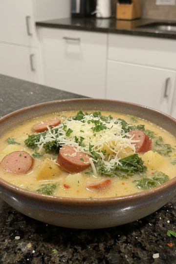 A steaming bowl of hearty one-pot sausage & kale soup, garnished with fresh parsley.