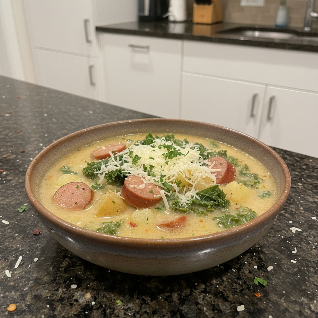 A steaming bowl of hearty one-pot sausage & kale soup, garnished with fresh parsley.