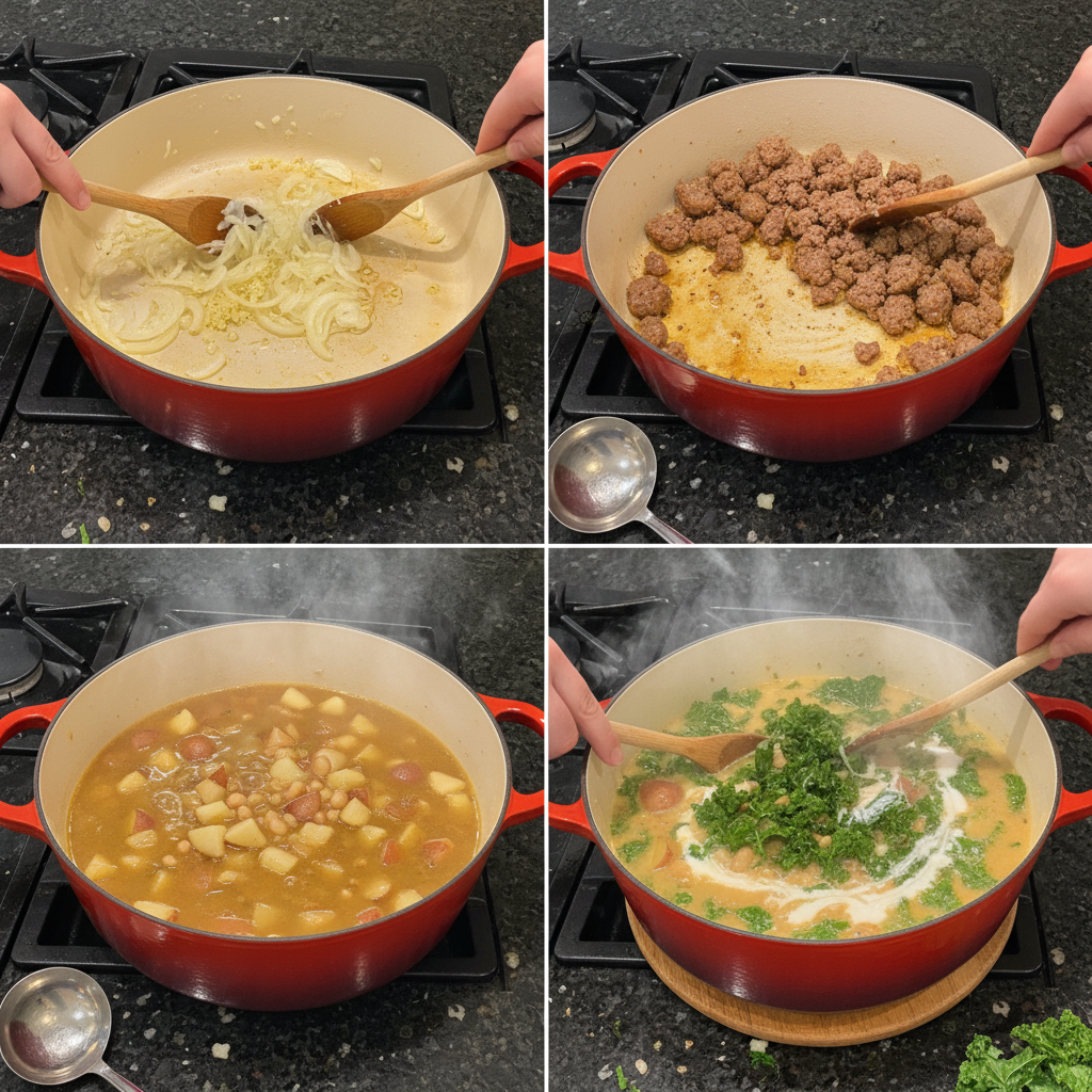 one-pot-sausage-kale-soup-prep-cooking A large pot of One-Pot Sausage and Kale Soup simmering on the stove, showing the broth, sausage, and kale combining.