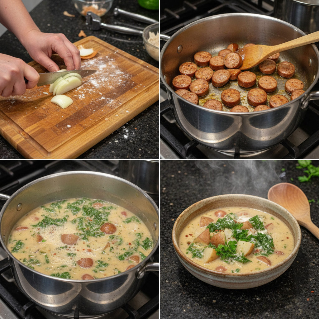 one-pot-sausage-kale-soup-prep-step Sausage, kale, and vegetables simmering together in a large pot for the one-pot sausage & kale soup recipe.