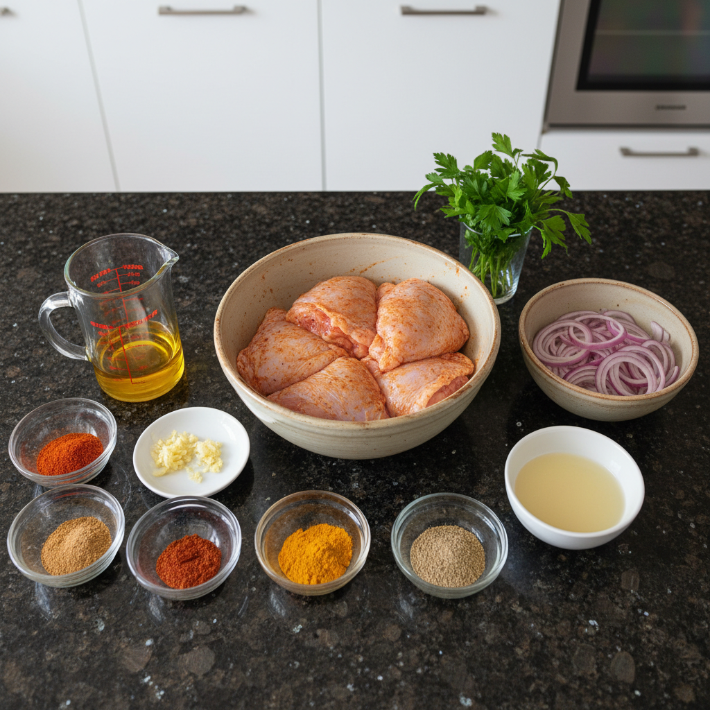 one-pot-shawarma-chicken-ingredients-list All fresh ingredients for One-Pot Shawarma Chicken laid out, including chicken, spices, rice, and vegetables.