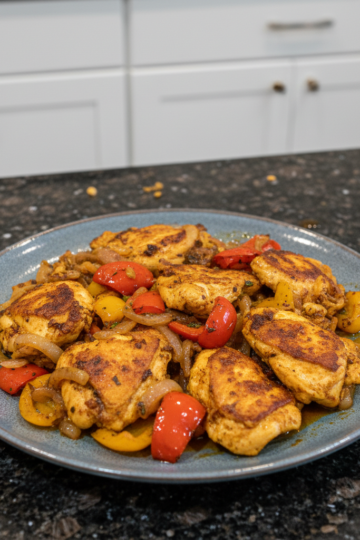 A delicious plate of One-Pot Shawarma Chicken with fluffy rice, fresh parsley, and a lemon wedge, ready to eat.
