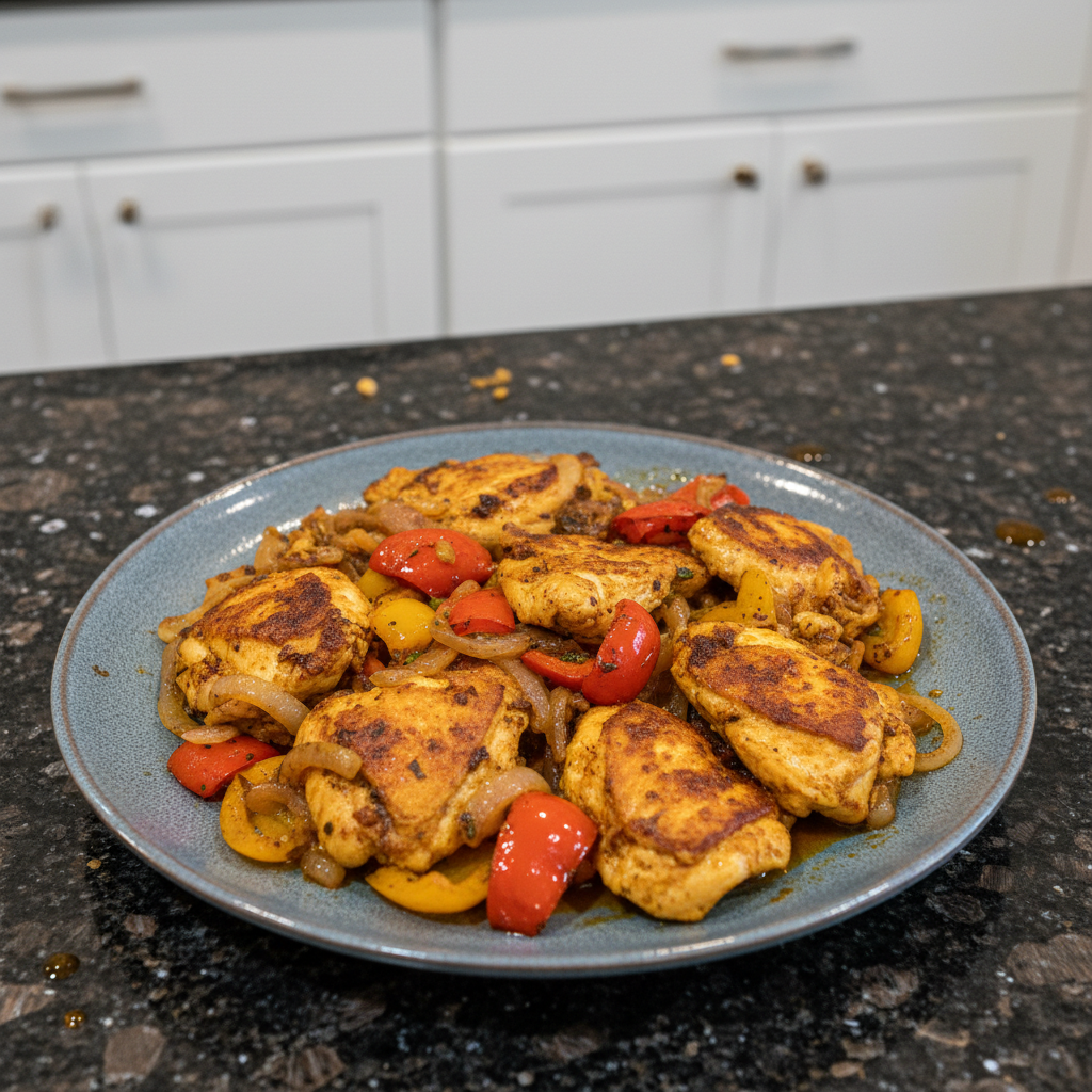 A delicious plate of One-Pot Shawarma Chicken with fluffy rice, fresh parsley, and a lemon wedge, ready to eat.
