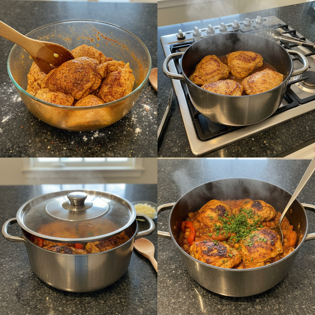 one-pot-shawarma-chicken-prep-cooking Marinated chicken, rice, and vegetables simmering together in a large pot for One-Pot Shawarma Chicken.