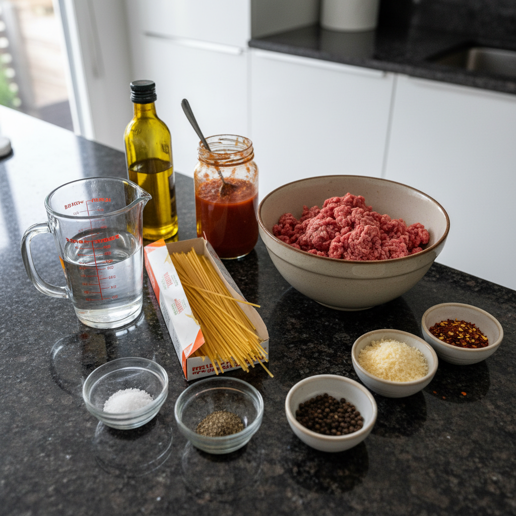 one-pot-spaghetti-meat-sauce-ingredients Fresh ingredients for One-Pot Spaghetti with Meat Sauce, including ground beef, spaghetti, tomatoes, and herbs, neatly arranged on a counter.