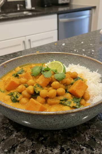 A vibrant bowl of One-Pot Sweet Potato Chickpea Curry garnished with fresh cilantro, ready to be served.
