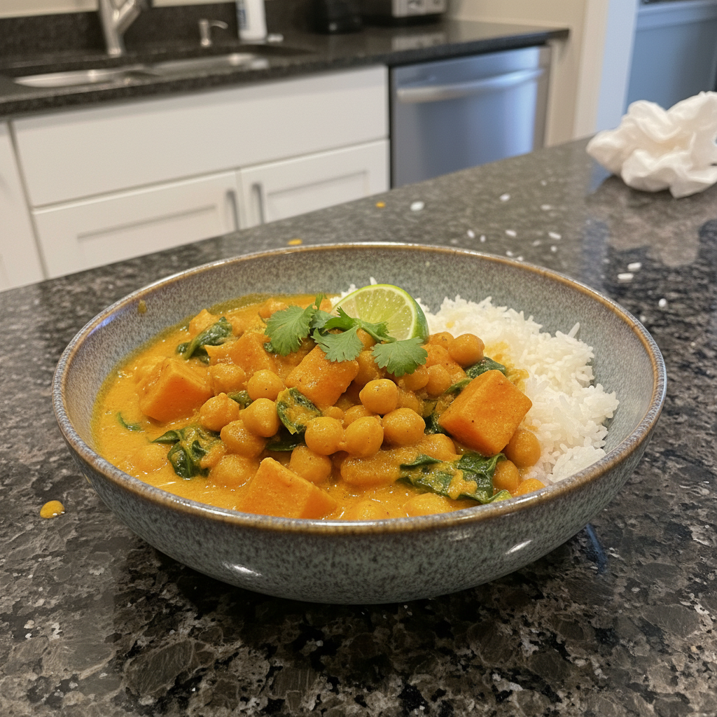 A vibrant bowl of One-Pot Sweet Potato Chickpea Curry garnished with fresh cilantro, ready to be served.