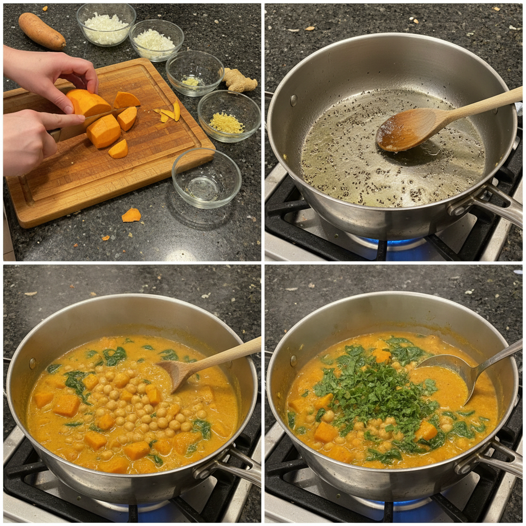 one-pot-sweet-potato-chickpea-curry-simmering-prep One-Pot Sweet Potato Chickpea Curry simmering gently in a large pot, rich with coconut milk and spices.
