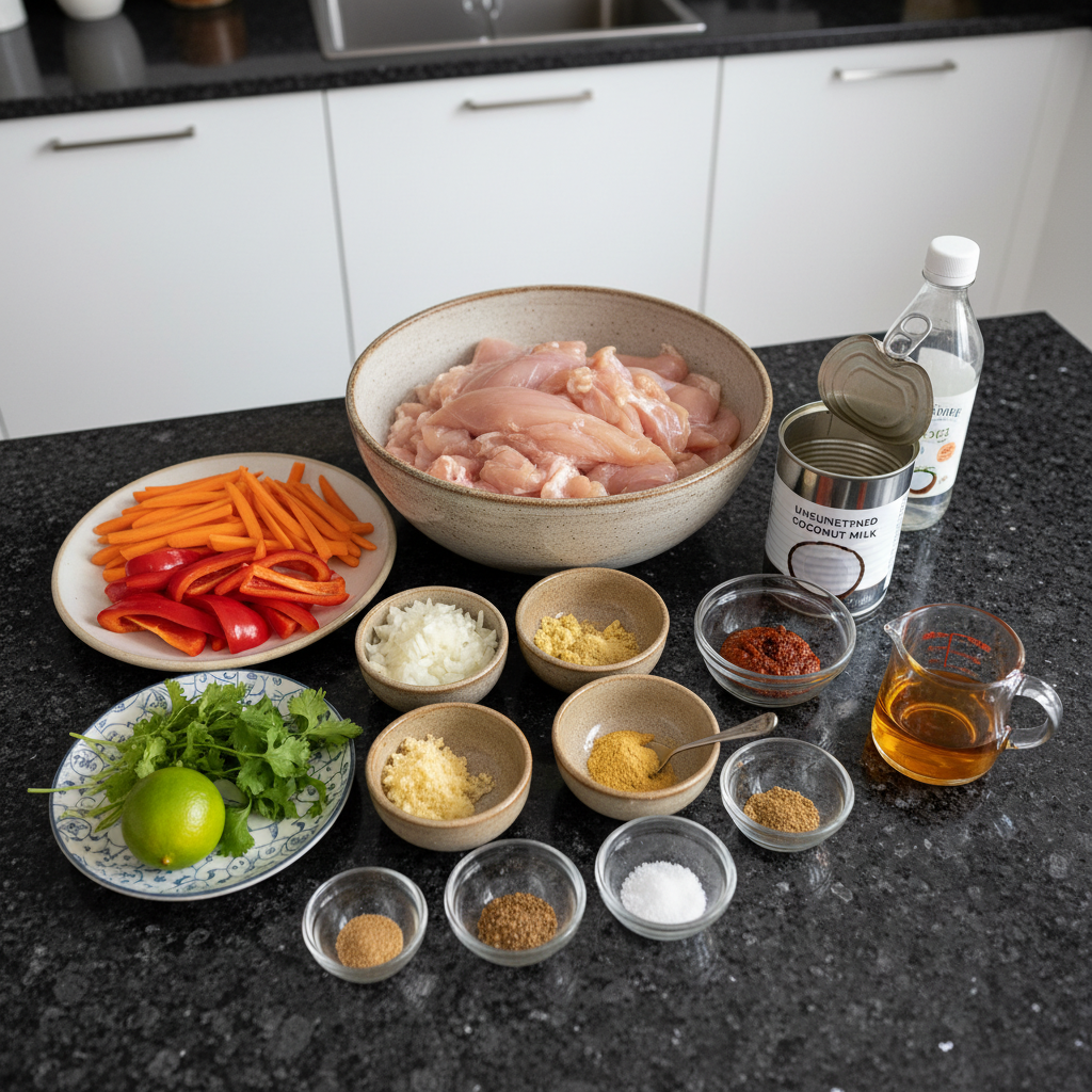 one-pot-thai-red-curry-chicken-ingredients Fresh ingredients for One-Pot Thai Red Curry Chicken: chicken, red curry paste, coconut milk, vegetables, and herbs.