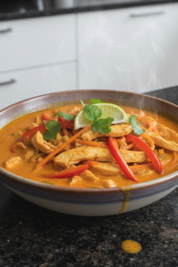 A vibrant bowl of One-Pot Thai Red Curry Chicken with coconut milk, bell peppers, and fresh cilantro, ready to serve.