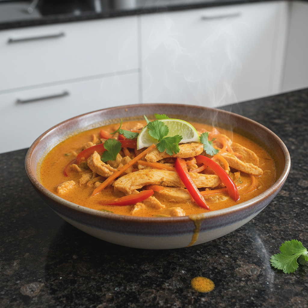 A vibrant bowl of One-Pot Thai Red Curry Chicken with coconut milk, bell peppers, and fresh cilantro, ready to serve.