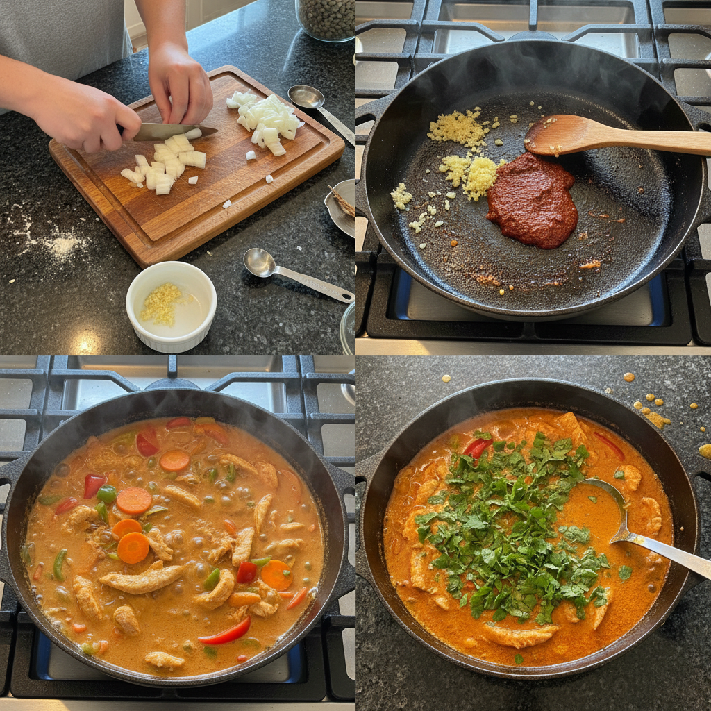 one-pot-thai-red-curry-chicken-prep Chicken and vegetables simmering in rich curry sauce during the preparation of One-Pot Thai Red Curry Chicken.