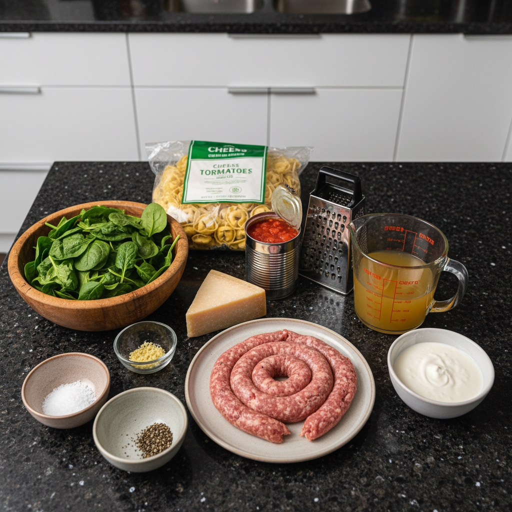 one-pot-tortellini-sausage-ingredients Fresh ingredients for One-Pot Tortellini Sausage, including raw sausage, tortellini, tomatoes, and spinach.
