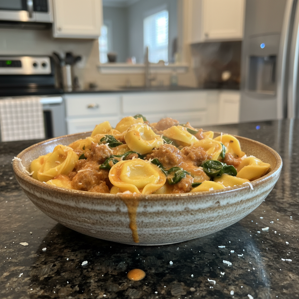 A creamy, rich bowl of One-Pot Tortellini Sausage with spinach and a sprinkle of Parmesan cheese.