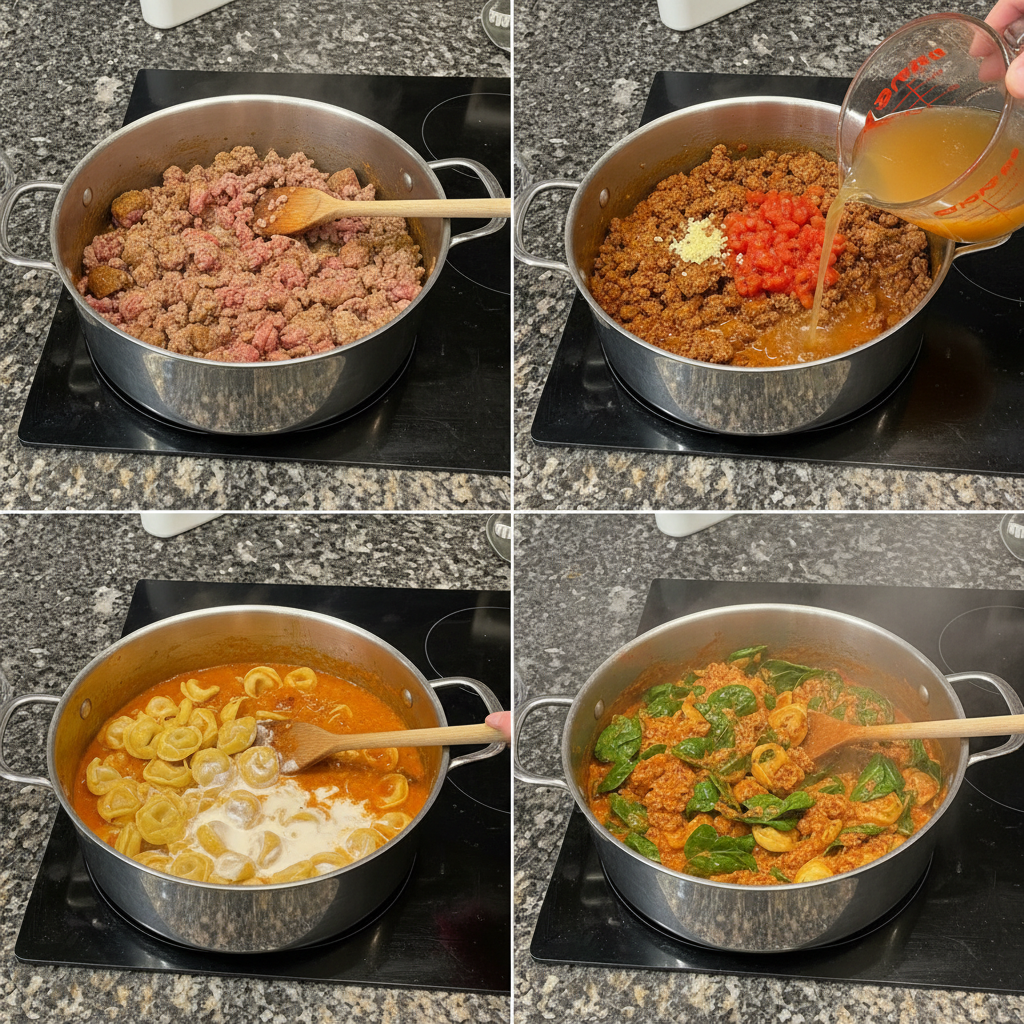 one-pot-tortellini-sausage-prep-step Sautéing browned sausage and aromatic garlic in a large pot for the One-Pot Tortellini Sausage recipe.