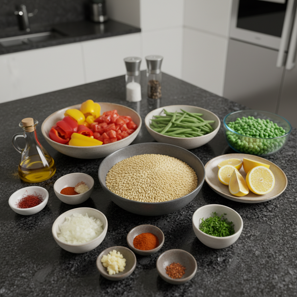 one-pot-vegetable-paella-ingredients-list Fresh vegetables and spices laid out on a wooden board, ready for One-Pot Vegetable Paella.