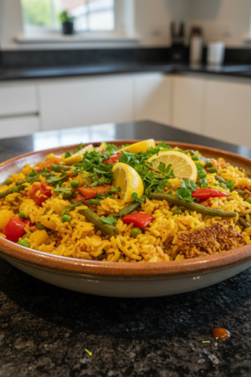 Vibrant One-Pot Vegetable Paella overflowing with colorful veggies and saffron-infused rice, ready to serve.