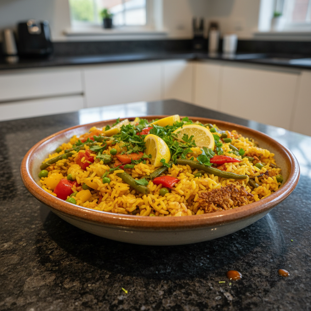 Vibrant One-Pot Vegetable Paella overflowing with colorful veggies and saffron-infused rice, ready to serve.