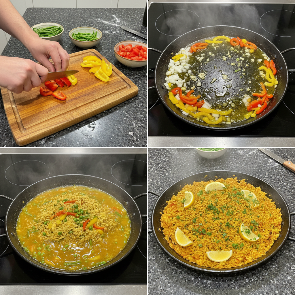 one-pot-vegetable-paella-prep-step Sautéing colorful bell peppers and onions in a large pot, a step for One-Pot Vegetable Paella.