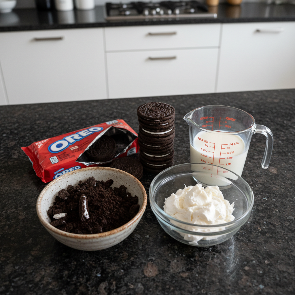 oreo-sushi-ingredients Essential ingredients for making oreo sushi, including cookies, cream cheese, and sprinkles, laid out on a counter.
