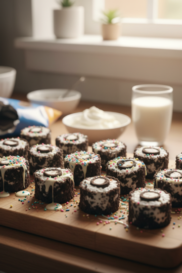 A close-up of delicious oreo sushi rolls arranged on a white plate, ready to be enjoyed.