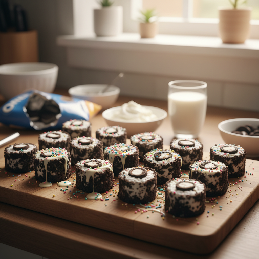 A close-up of delicious oreo sushi rolls arranged on a white plate, ready to be enjoyed.