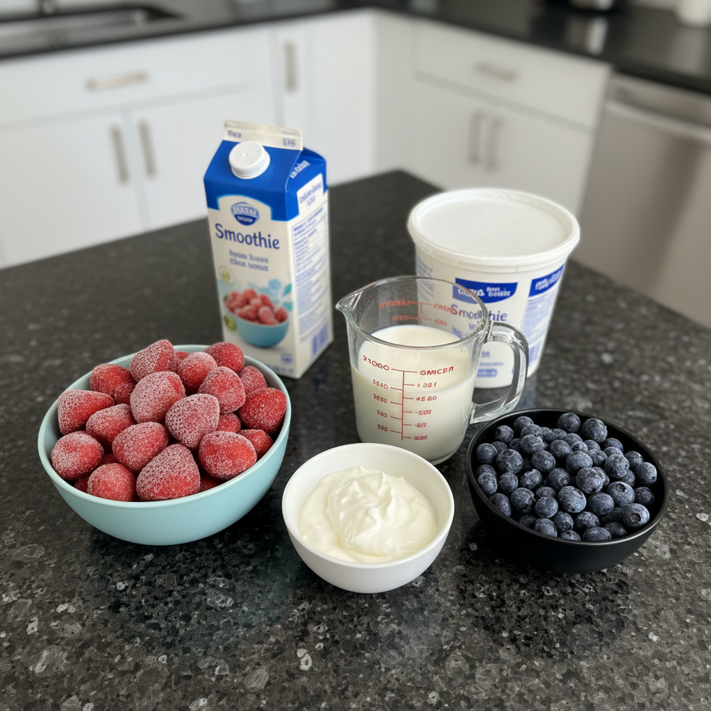 probiotic-berry-smoothie-ingredients Fresh blueberries, raspberries, yogurt, and other ingredients for a probiotic berry smoothie laid out on a table.
