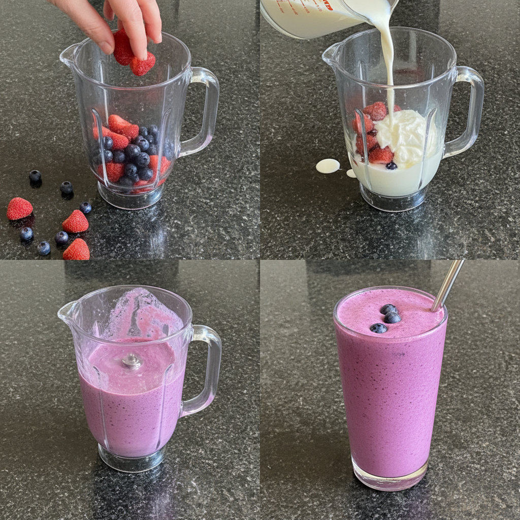 probiotic-berry-smoothie-preparation Blending fresh berries and yogurt in a blender to make a creamy probiotic berry smoothie.