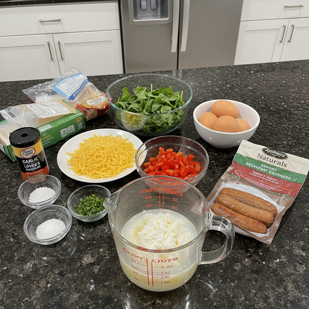 protein-breakfast-bowls-ingredients Fresh, wholesome ingredients for Protein Breakfast Bowls laid out on a wooden cutting board.