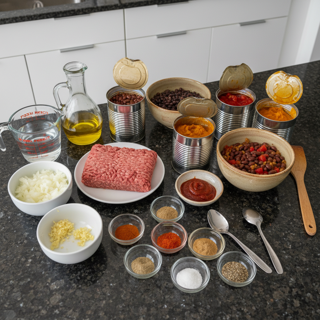 pumpkin-chili-recipe-ingredients Fresh ingredients for a pumpkin chili recipe, including diced pumpkin, ground beef, beans, tomatoes, and spices on a wooden board.