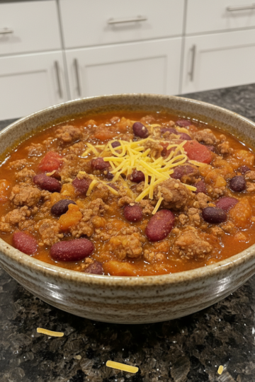 A steaming bowl of hearty pumpkin chili recipe, garnished with fresh cilantro and a dollop of sour cream, ready to enjoy.