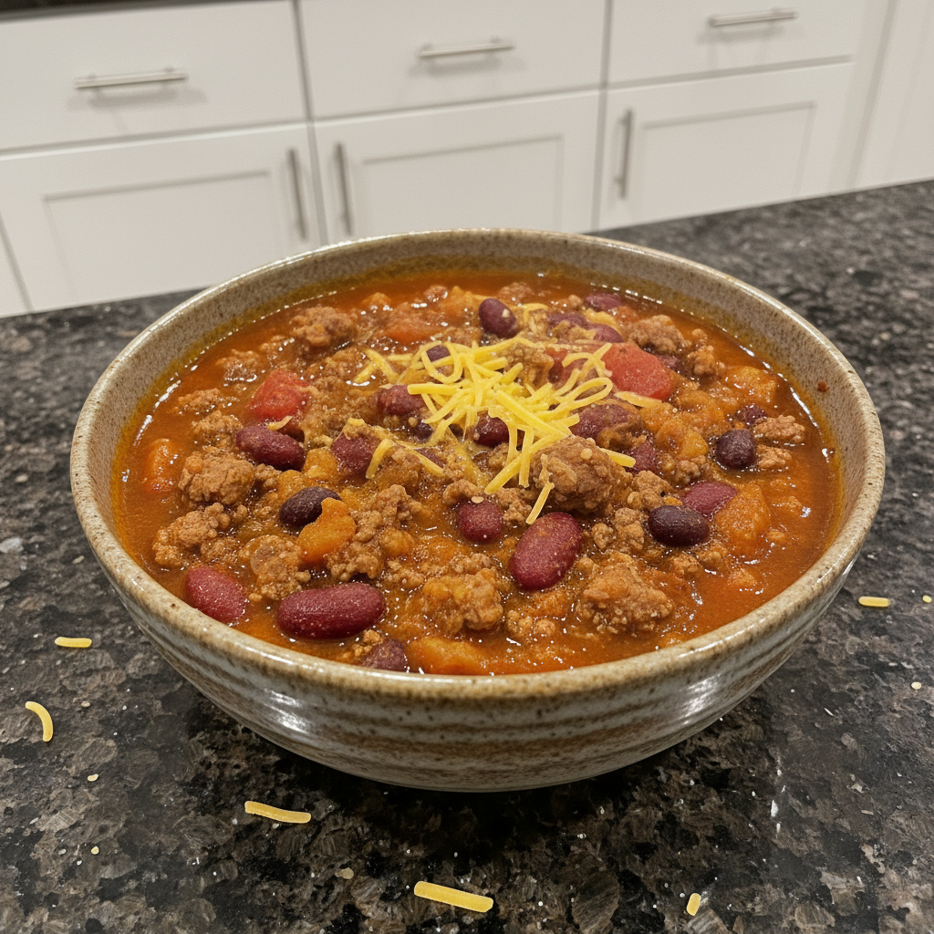 A steaming bowl of hearty pumpkin chili recipe, garnished with fresh cilantro and a dollop of sour cream, ready to enjoy.
