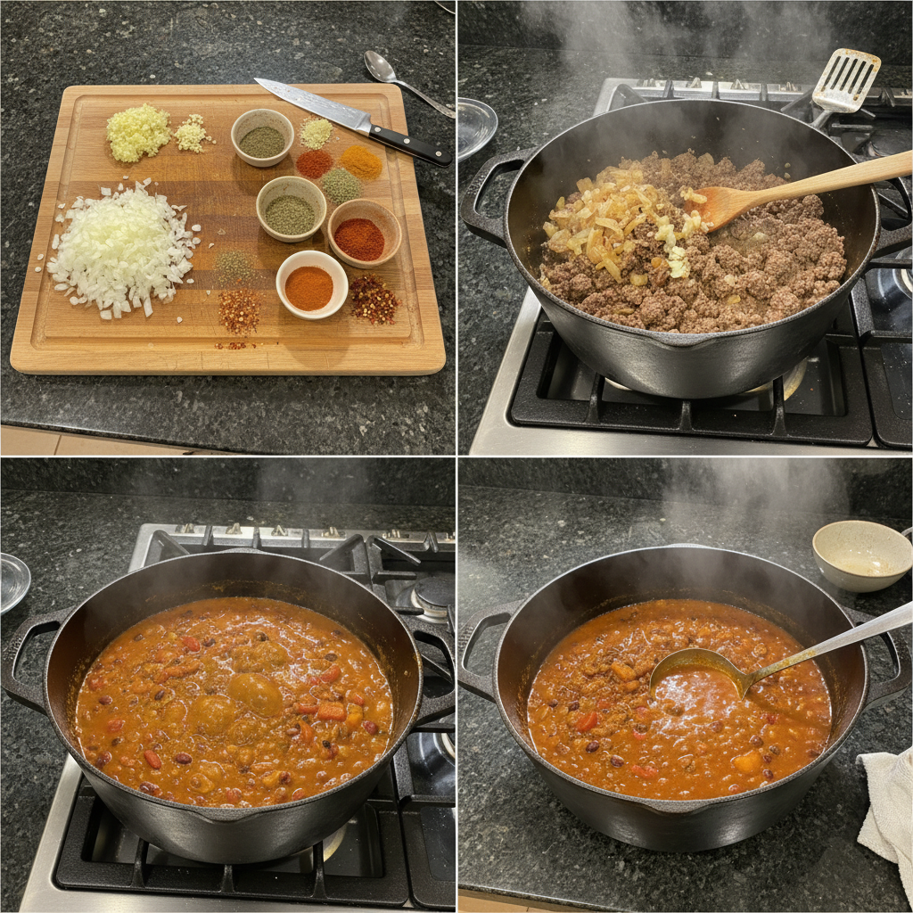pumpkin-chili-recipe-prep-cooking A skilled hand stirring a pot of simmering pumpkin chili recipe on a stovetop, showing the cooking process.