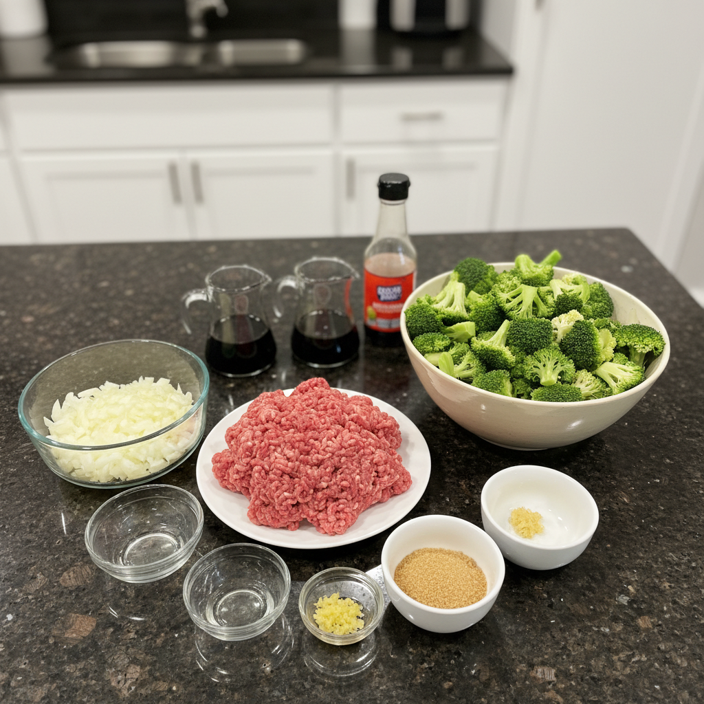 quick-beef-broccoli-ingredients Fresh ingredients laid out for Quick Beef and Broccoli, including sliced beef, broccoli florets, and essential sauce components.