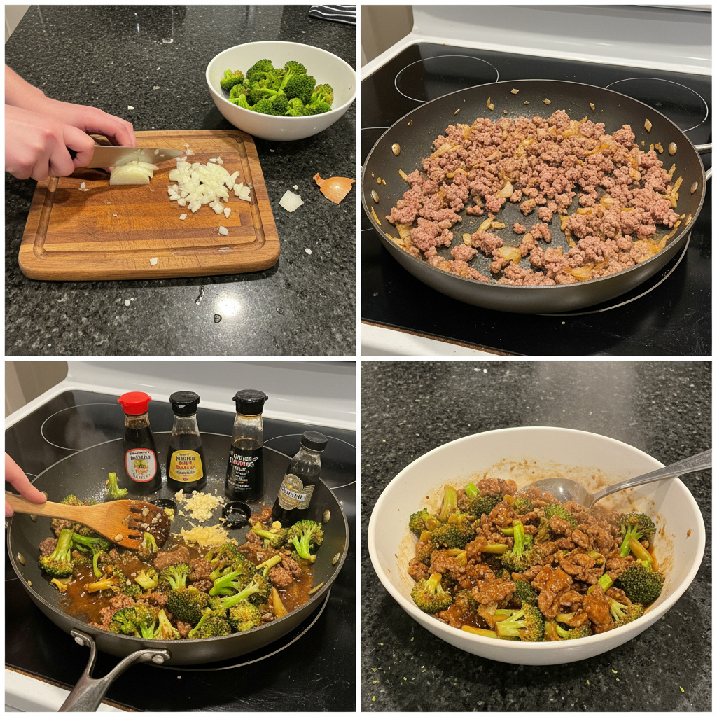 quick-beef-broccoli-prep-step Sliced beef sizzling in a hot wok, a key step in preparing Quick Beef and Broccoli for a tender finish.