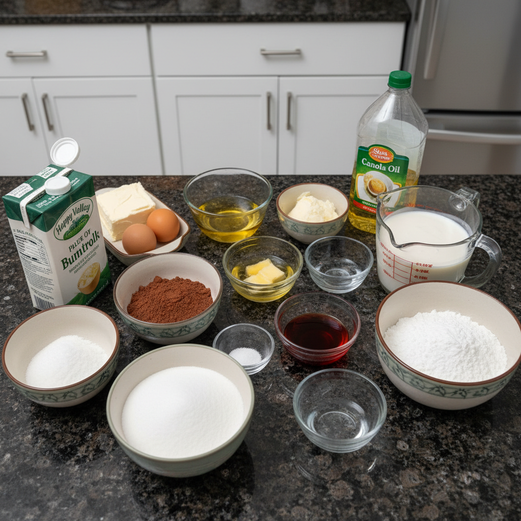 red-velvet-bundt-cake-ingredients Fresh ingredients for a homemade red velvet bundt cake laid out on a kitchen counter.
