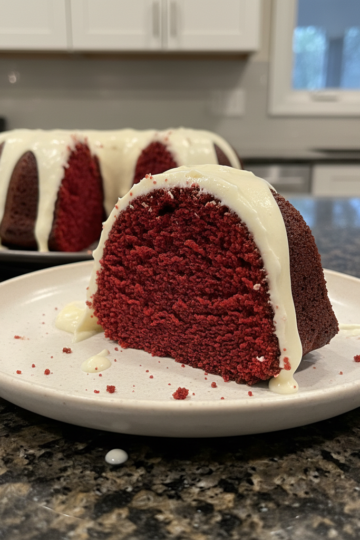 A decadent red velvet bundt cake with cream cheese glaze, ready to be served.